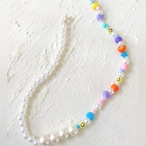 Smiley face necklace, 90s layering, PLUR necklace, pearl necklace